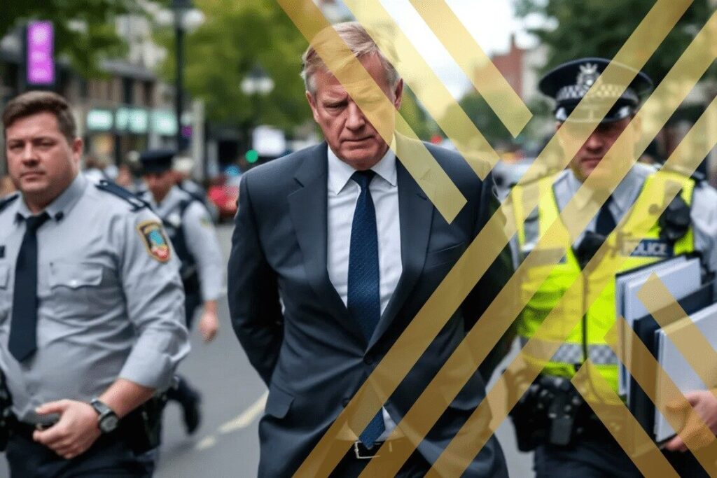 a person being arrested in the UK for tax evasion, surrounded by law enforcement officers. The scene illustrates the seriousness of tax fraud. This image explains Can You go to jail for not paying taxes uk