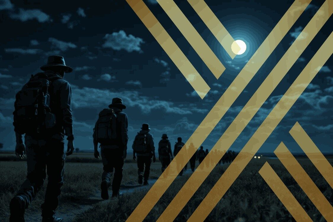 The image depicts a group of individuals, appearing anxious and determined, as they navigate a rugged terrain while attempting to enter the UK illegally. This scene highlights the complexities of illegal immigration and the challenges faced by those seeking asylum and a better life in a foreign country.