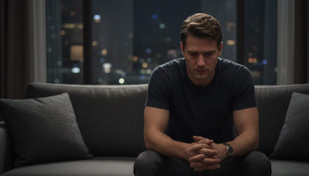 a man sitting alone in his dimly lit home, looking dejected and lost in thought, reflecting on his financial obligations and the emotional toll of the divorce process