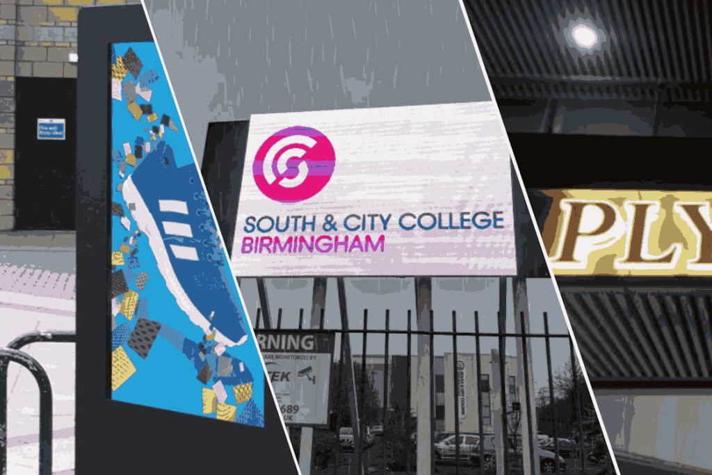 Pros and Cons of Having Weatherproof Outdoor Signs 1 A collage of various signage types, including directional, informational, and warning signs in different styles and colors.