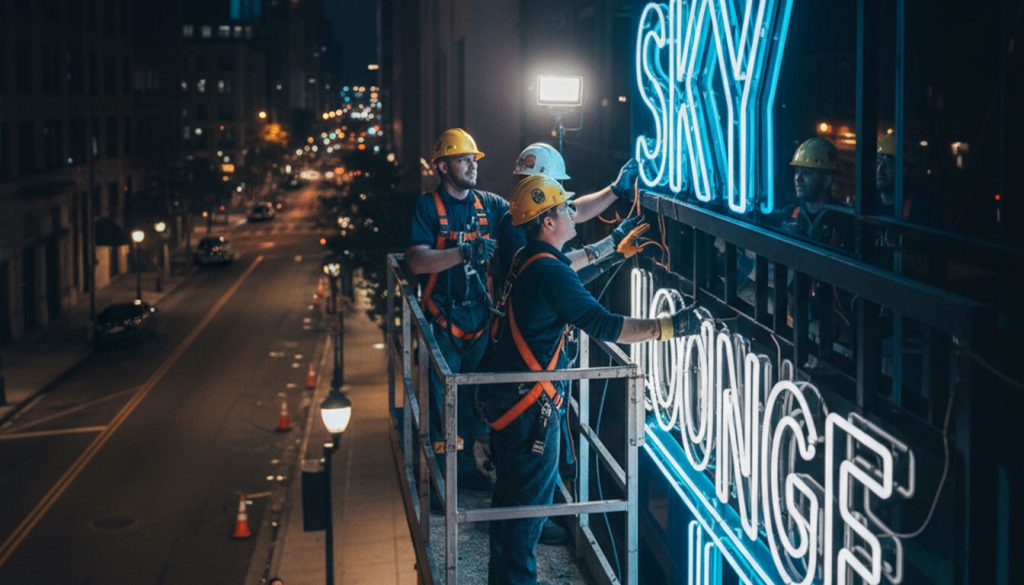 Hotel Neon Signs: Creating Ambiance in Bars, Restaurants, and Hotels 1 (At night, three construction workers in safety helmets and harnesses are on a scissor lift, meticulously installing glowing blue neon signs that spell "SKY LOUNGE" on the exterior of a building. Below, on the cordoned-off street, two other workers monitor the installation, while city lights and traffic add to the nocturnal urban backdrop.)