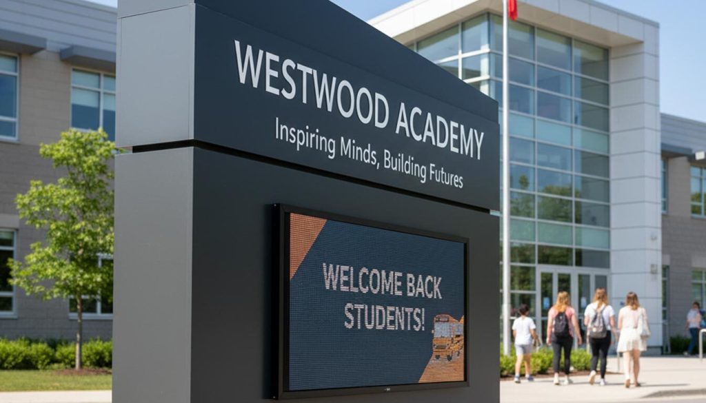 16 Examples of Digital School Signage (And How to Create Yours) 2 A modern, grey "WESTWOOD ACADEMY" signage board stands proudly outside a contemporary school building under a clear blue sky. The sign features the motto "Inspiring Minds, Building Futures" and includes a digital display currently showing "WELCOME BACK STUDENTS!" with a school bus icon. In the background, students walk towards the school entrance, and a Canadian flag flies overhead.