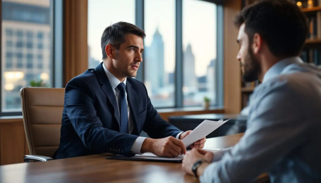 a lawyer in a professional chamber, engaged in a discussion with an employer about the Immigration Compliance Framework.