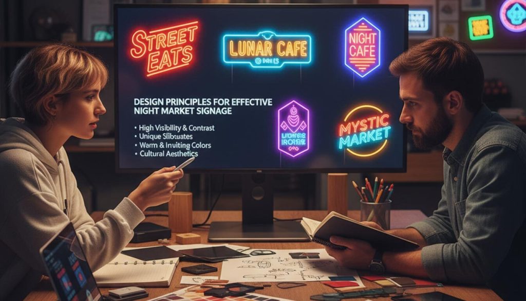Night Market Signage: How LED Signage Can Help Boost Night-Time Visibility 1 (Two designers, a woman and a man, are intently discussing "Design Principles for Effective Night Market Signage" while working at a desk littered with color swatches, sketches, and a laptop. A large monitor in front of them displays various neon sign mock-ups and a list of design principles, emphasizing high visibility, unique silhouettes, warm colors, and cultural aesthetics.)
night market signage