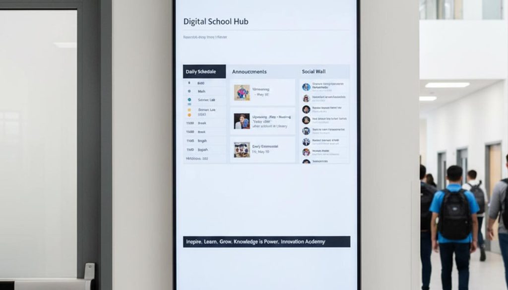 16 Examples of Digital School Signage (And How to Create Yours) 4 A sleek "Digital School Hub" signage display is mounted on a white wall in a modern school hallway, showcasing a daily schedule, announcements, and a social wall for "Innovation Academy." Students are blurred in the background, walking past the screen, which effectively demonstrates contemporary "Digital School Signage" in action.