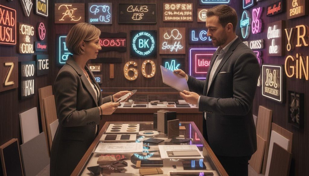 (Inside a vibrant sign design showroom, a male designer hands a document to a female client, discussing "Durability in Custom Sign Design." They are surrounded by numerous illuminated and neon sign samples on wooden walls, while material swatches, blueprints, and documents are neatly displayed on a glass-topped counter.)signage durability