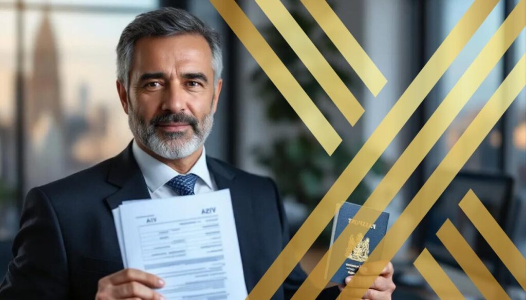 The image depicts a Gaza scholar holding a British passport and a visa, symbolizing the opportunities provided by the UK government for students from Gaza through the Faster UK Visas for Gaza Scholars initiative.