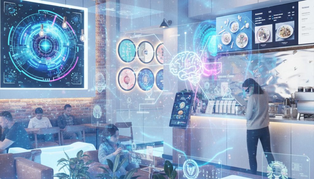 Unleash the Power of Smart Indoor Branding: 10+ Proven Strategies for Standout Success 2 A high-tech cafe environment filled with glowing holographic interfaces and augmented reality elements. Customers interact with transparent screens on tables and a large interactive wall display, while a person at the counter wears AR glasses, all depicting a vision of advanced smart indoor branding.