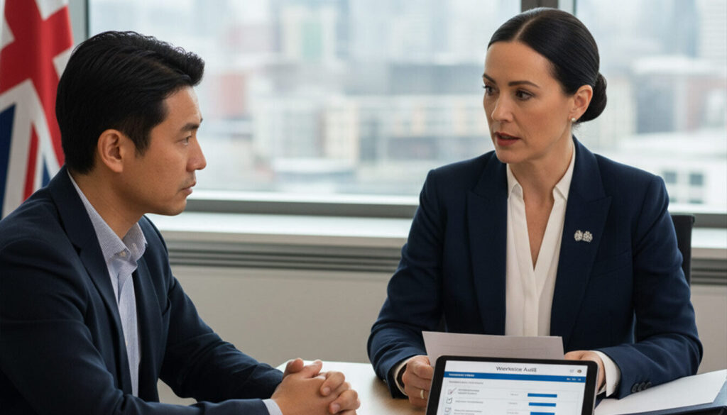A lawyer, possibly from the UK Home Office, sits across a table from a client, discussing worksite audits. The lawyer holds documents and points to a tablet displaying "Workforce Audit" information