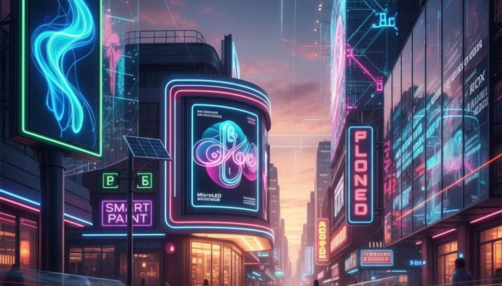 Innovative Technologies in Outdoor Signage: Trends and Future Possibilities for Signs and LEDs 8 A bustling city street at dusk, illuminated by a variety of futuristic and colorful outdoor LED signs and digital billboards, with light trails from moving traffic
