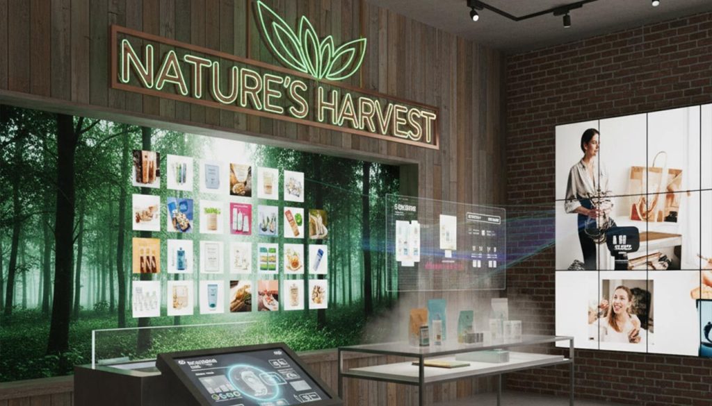 Connect with Customers in New Ways Through mixed material branding 2 (A large transparent screen overlays product displays with digital information, while an interactive touchscreen kiosk engages customers, blending natural aesthetics with advanced marketing technology.)mixed material branding