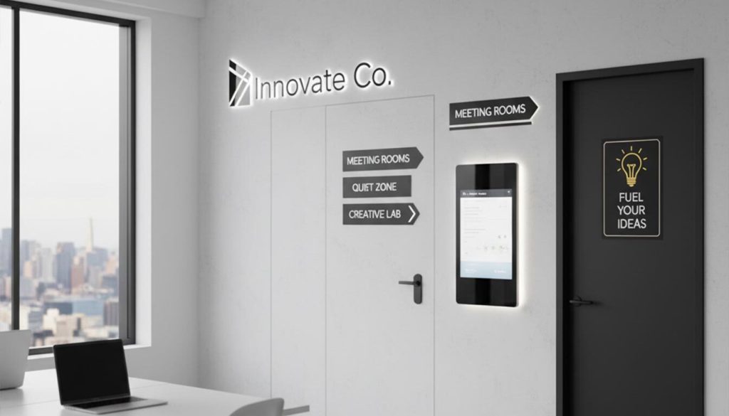 Workplace signage ideas: How to Use Signs to Improve Your Office 5 A bright, modern office space with a large window overlooking a city skyline features a prominent wall with various "Office Signage Ideas." These include a glowing "Innovate Co." logo, directional signs for "MEETING ROOMS," "QUIET ZONE," and "CREATIVE LAB," and a motivational sign "FUEL YOUR IDEAS" on a dark door. The foreground shows a clean desk with laptops, suggesting a productive workspace.