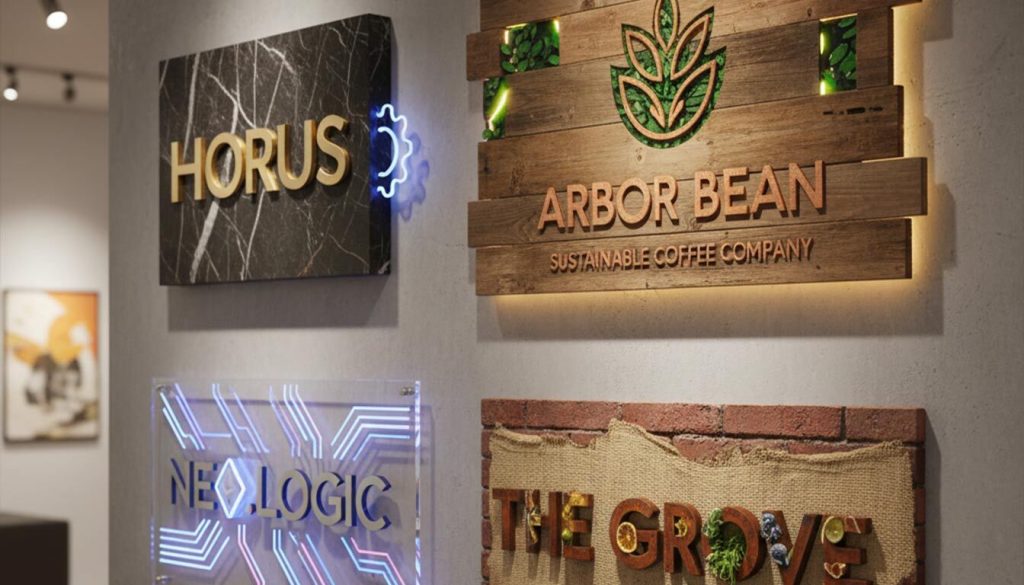 Connect with Customers in New Ways Through mixed material branding 1 (A concrete wall showcases four diverse business signs demonstrating mixed-material branding. )mixed material branding