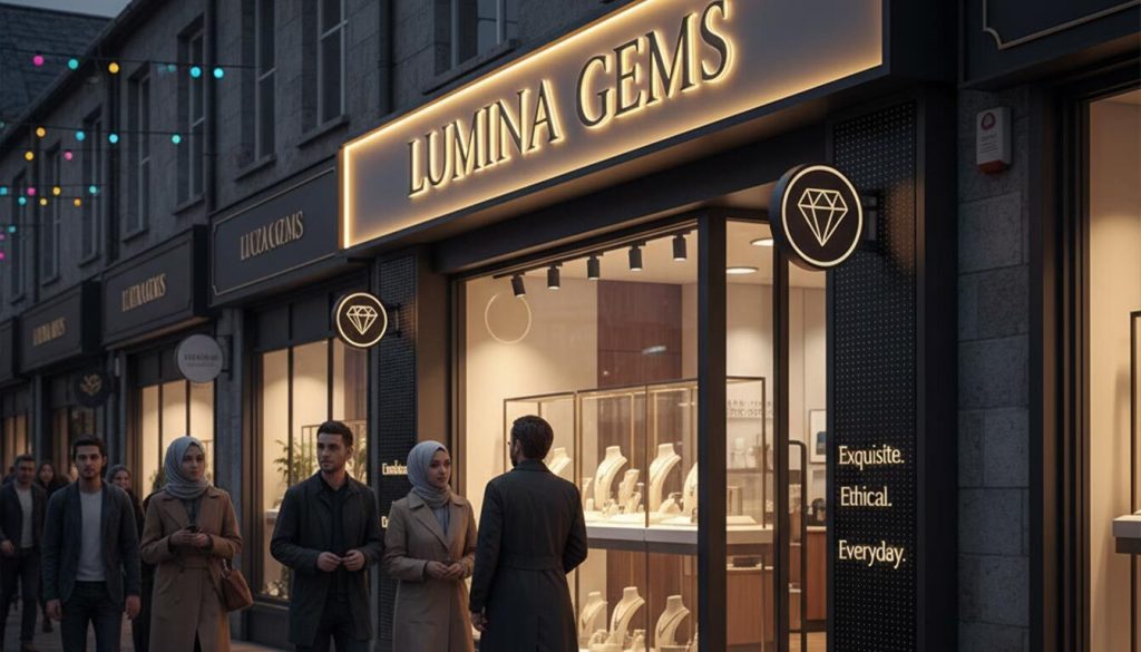premium retail signs: The Game-Changer for High-End Brand Visibility 1 (A stylish jewelry shop named "LUMINA GEMS" stands out in a modern, modest market street at dusk. Its exterior features elegant, illuminated retail signage and a prominent diamond logo. The brightly lit display windows showcase exquisite jewelry, attracting a diverse group of casually dressed pedestrians strolling along the wet pavement under festive string lights.)