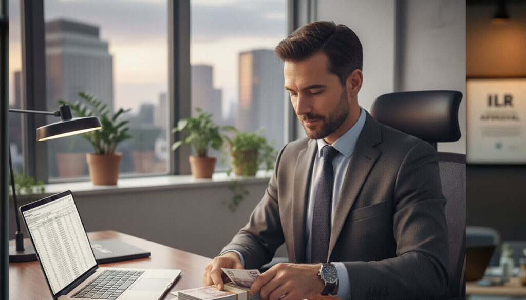 person counting British pounds, symbolizing the financial considerations for skilled worker visa holders aiming for indefinite leave to remain (ILR) in the UK