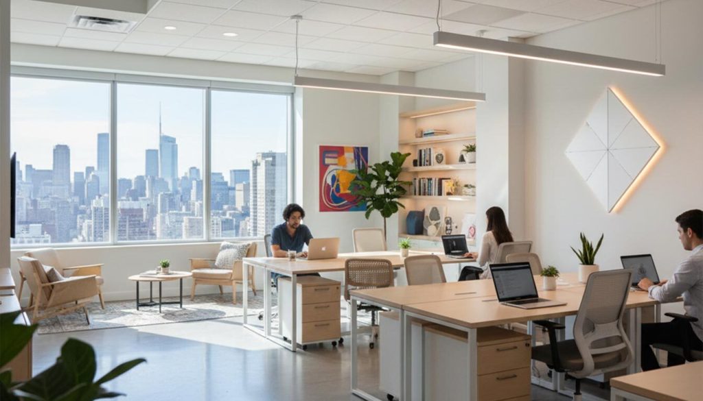 A bright and spacious modern office features an open-plan layout with large windows offering a panoramic city view.
