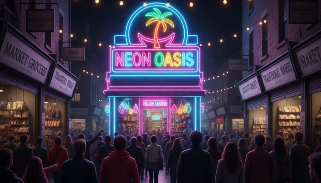 Night Market Signage: How LED Signage Can Help Boost Night-Time Visibility 2 (A lively night market scene shows a large group of people walking down a crowded street towards "NEON OASIS," a shop with a dazzling, multi-colored neon sign featuring a palm tree. This vibrant signage dramatically stands out amidst other shops with ordinary, less illuminated signboards, drawing considerable attention and making it a clear focal point in the bustling market.)
night market signage