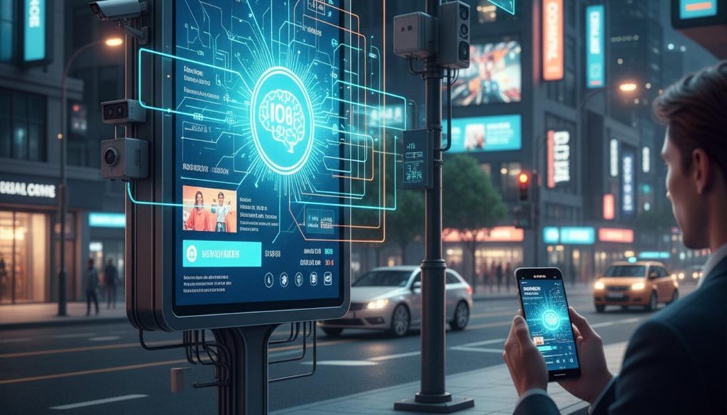Innovative Technologies in Outdoor Signage: Trends and Future Possibilities for Signs and LEDs 1 A man stands on a city street at night, looking at his smartphone which displays a smart signage interface. In front of him is a large digital billboard connected to various smart devices via glowing lines, showcasing Outdoor signage innovation.
