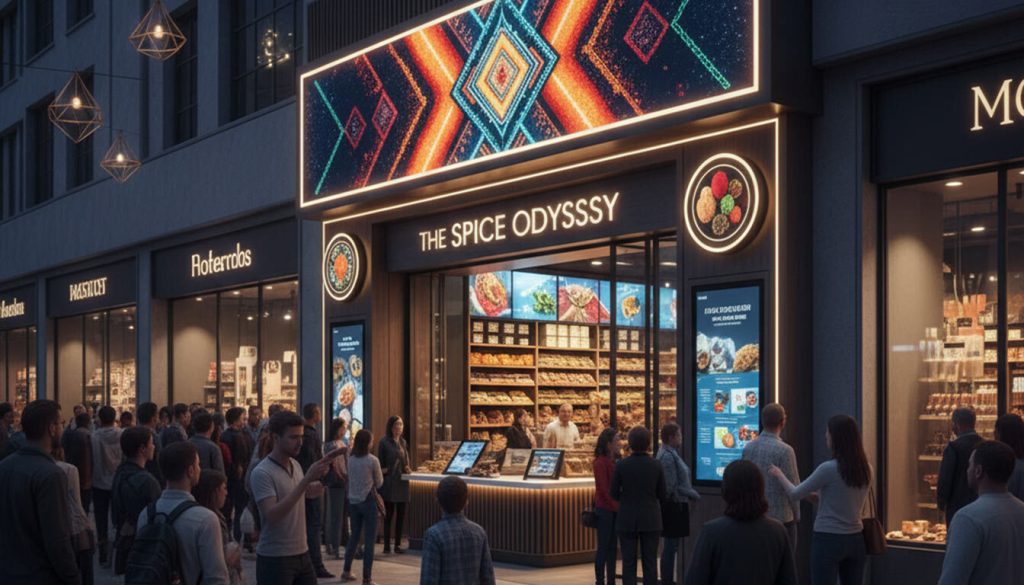 The Signage Psychology of Effective Signage: How Design Influences Consumer Behaviour 2 (A modern market street scene at dusk, where a crowd of people are drawn to "The Spice Odyssey" shop. The shop front features a large, vibrant digital signage display with abstract, colorful patterns, and inviting illuminated signs, making it a focal point in the bustling urban environment.)signage psychology