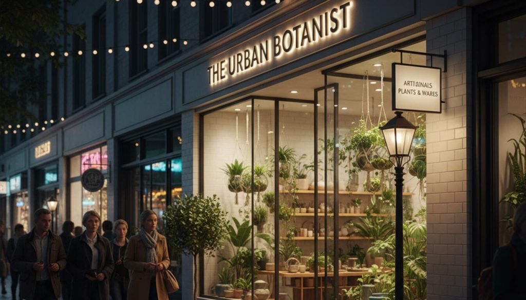 Storefront Design Tips: 5 Ways To Make Your Storefront More Appealing 2 A modern and clean storefront for "THE URBAN BOTANIST" stands out in a bustling market street at night. The shop features bright, minimalistic signage and large glass windows revealing an inviting interior filled with an assortment of lush plants and artisanal wares, drawing the gaze of pedestrians walking by