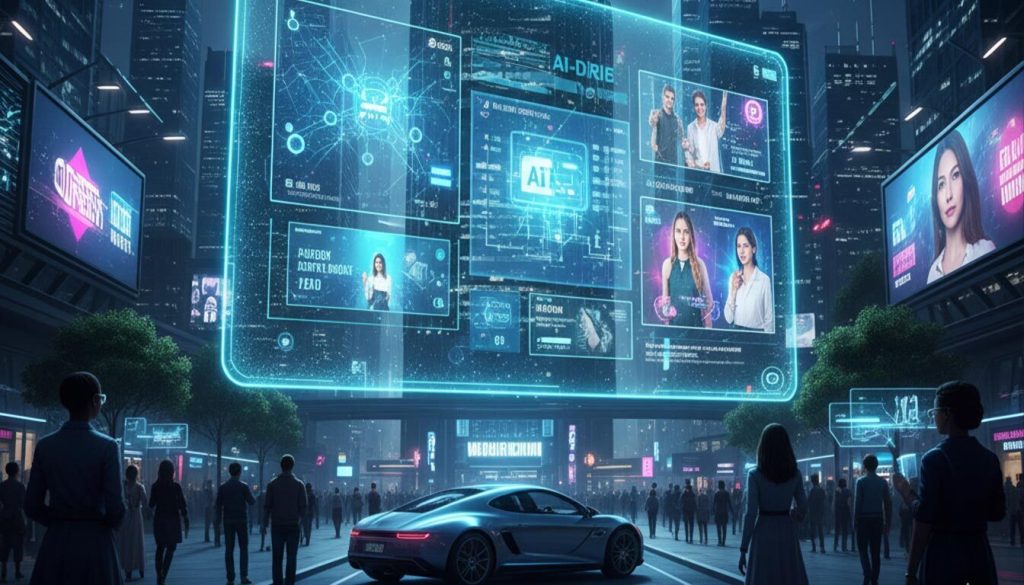 Innovative Technologies in Outdoor Signage: Trends and Future Possibilities for Signs and LEDs 2 A futuristic cityscape at night, with a large, transparent holographic display in the center showcasing AI-driven content and advertising. Drones fly overhead, and sleek cars drive on the illuminated street, while pedestrians interact with glowing digital signs.