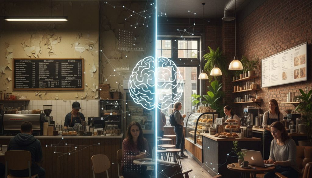 (A split image showcasing two contrasting cafe interiors, divided by a glowing digital brain graphic. The left side depicts a poorly designed, uninviting cafe with faded walls and dim lighting. The right side shows a well-designed, modern, and inviting cafe with warm lighting, brick accents, and a vibrant atmosphere, illustrating how design influences consumer behavior.)