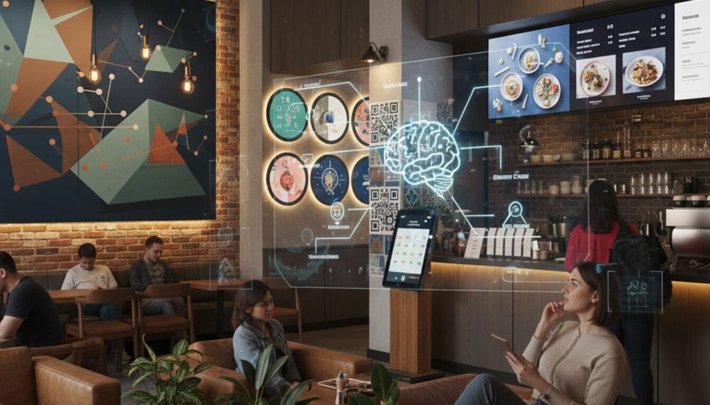 Unleash the Power of Smart Indoor Branding: 10+ Proven Strategies for Standout Success 1 A contemporary cafe interior featuring a woman in the foreground looking towards a holographic projection of a human brain, connected by glowing lines to various psychological and design elements within the space, such as circular wall art and digital menus, emphasizing the link between design and psychology in indoor branding.