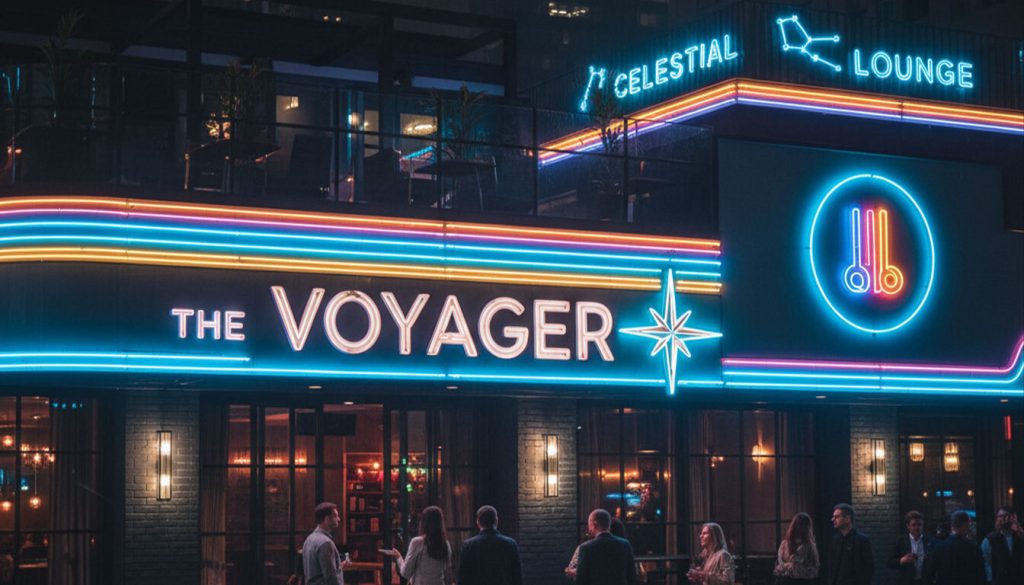 Hotel Neon Signs: Creating Ambiance in Bars, Restaurants, and Hotels 2 (A sleek, modern hotel entrance at night, adorned with vibrant neon signs. "THE VOYAGER" is illuminated in white, flanked by colorful horizontal lines and a starburst emblem. Above, "CELESTIAL LOUNGE" glows in blue with constellation motifs. A circular neon sign with an abstract design and "|||" icon also draws the eye, as patrons gather outside and a car blurs past.)hotel neon signs