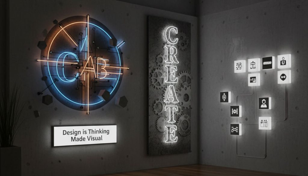 The Signage Psychology of Effective Signage: How Design Influences Consumer Behaviour 1 (A contemporary room with concrete walls and a wooden floor, featuring various artistic and typographic signages. On the left wall, a vibrant neon sign glows with "CAB" and abstract patterns, alongside a horizontal light box stating "Design Is Thinking Made Visual.")signage psychology