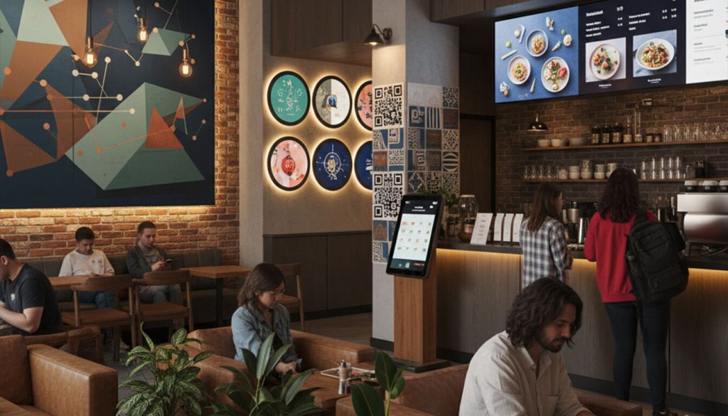 Unleash the Power of Smart Indoor Branding: 10+ Proven Strategies for Standout Success 1 A vibrant and modern café interior with a mix of brick and wood textures, featuring various forms of indoor branding like large geometric wall art, illuminated circular displays, QR codes, and digital menu screens. Customers are casually seated, some using phones, while others order at the counter.