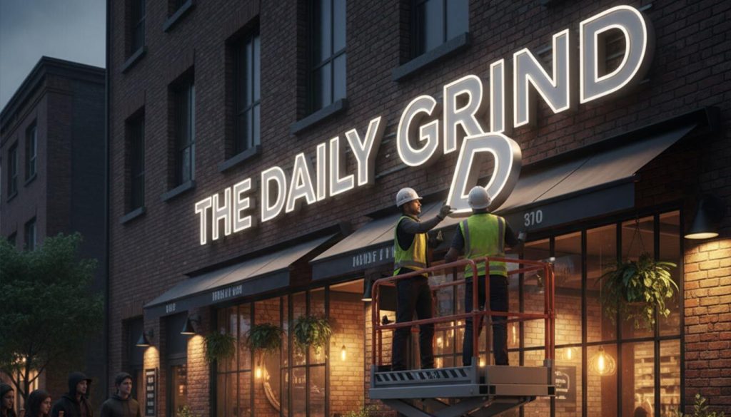 Best Practices for Installing illuminated 3D signs in Commercial Spaces 2 (Two workers on a scissor lift are installing large, illuminated 3D letters spelling "THE DAILY GRIND" onto the brick facade of a modern coffee shop at dusk.) illuminated 3D signs