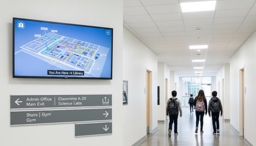16 Examples of Digital School Signage (And How to Create Yours) 1 In a bright, modern school hallway, a digital screen displays an interactive map with "You Are Here -> Library," serving as "Wayfinding and Directional Signage." Below it, clear grey physical signs with arrows point towards "Admin Office," "Main Exit," "Classrooms A-20," "Science Labs," "Stairs," and "Gym," effectively guiding students who are seen walking further down the hall.
