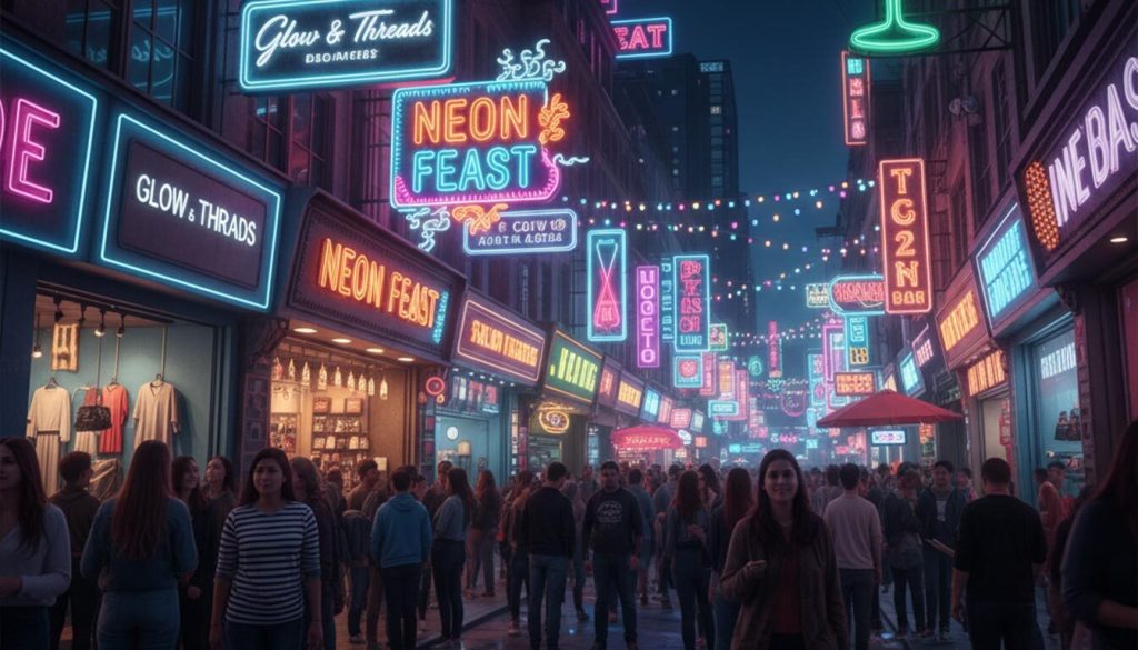 Night Market Signage: How LED Signage Can Help Boost Night-Time Visibility 7 (A vibrant night market street scene, bustling with a crowd of people, is illuminated by an array of colorful 3D neon signages from various shops. Signs like "NEON FEAST," "Glow & Threads," and a giant cocktail glass glow brightly, reflecting on the wet pavement and creating a lively atmosphere. String lights crisscross overhead, adding to the festive "Night Market Signage" theme.) night market signage