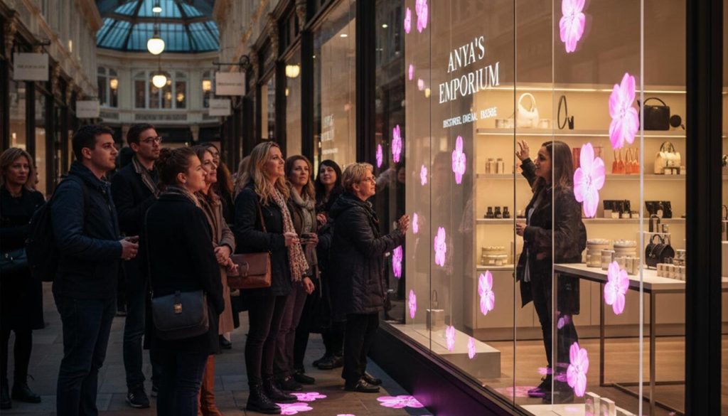 Promotional Graphics That Convert: Design Tips for UK Retailers 1 An urban street at dusk showcases a vibrant array of "different kinds of promotional signs for retail businesses." Neon signs glow from storefronts like "Velvet Threads" and a coffee shop, while digital billboards on a lamppost display dynamic advertisements.