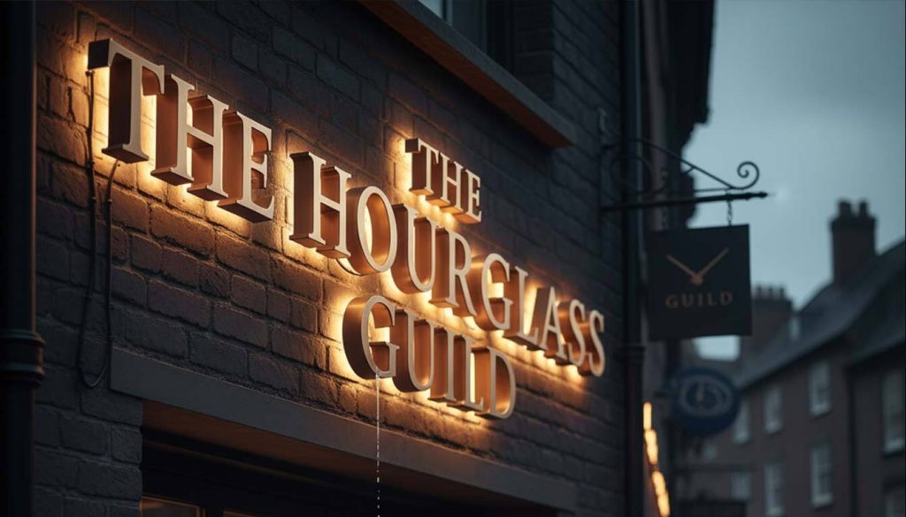 Benefits of Outdoor Letter Signs for Your Business 1 A smiling couple stands in front of "The Hourglass Guild," a shop with glowing, high-quality "outdoor letter signs" that beautifully illuminate its name on a dark brick facade. The man points towards the sign while the woman holds a phone, both looking up with admiring expressions, showcasing how impressive signage attracts attention.