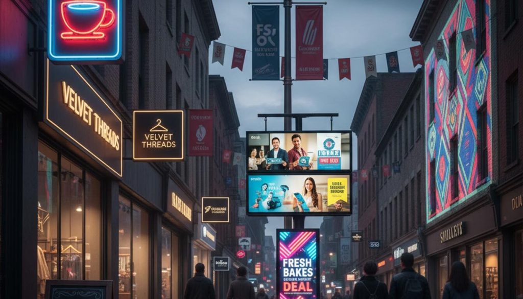 Promotional Graphics That Convert: Design Tips for UK Retailers 2 An urban street at dusk showcases a vibrant array of "different kinds of promotional signs for retail businesses." Neon signs glow from storefronts like "Velvet Threads" and a coffee shop, while digital billboards on a lamppost display dynamic advertisements.
