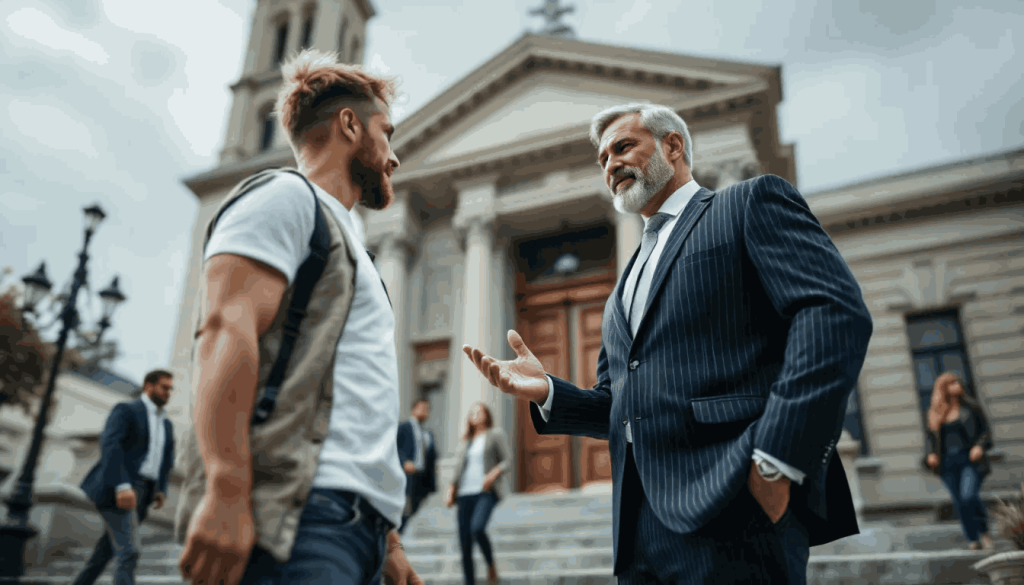 A lawyer in a formal suit stands outside a courtroom, passionately explaining tax dispute resolution strategies to a casually dressed client.