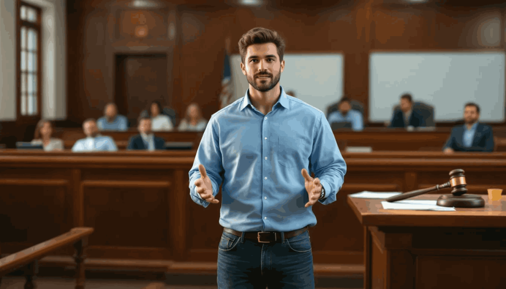 A casually dressed customer stands confidently before a jury in a courtroom, presenting their case related to tax disputes. The atmosphere is tense as they seek to resolve complex tax issues with the help of tax professionals, highlighting the importance of effective dispute resolution in legal proceedings.