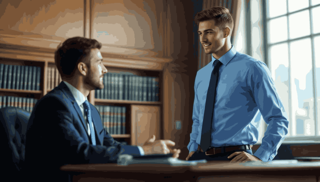 An employee in a blue dress shirt and tie discussing an employment tribunal claim with a lawyer inside a law chamber, representing concerns about employment tribunal costs.