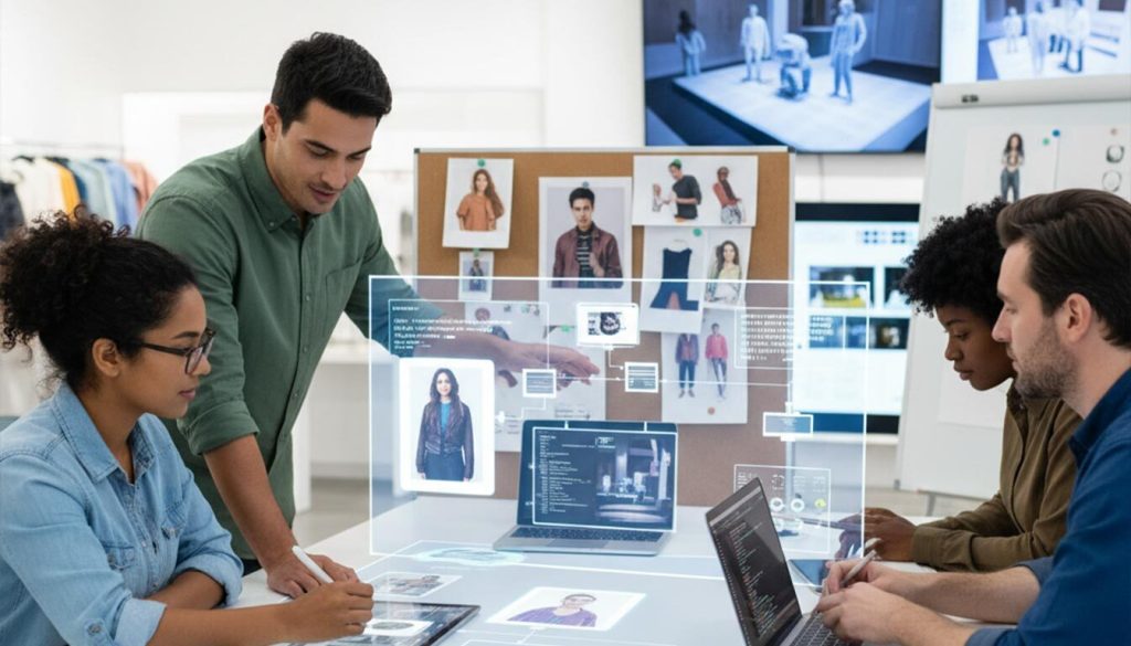 How personalised displays Drive Brand Loyalty in UK Retail Spaces 1 A diverse team of four professionals collaborates around a modern table, working on "How to Create Effective Personalised Displays." They interact with holographic projections and digital interfaces showing user profiles, design elements, and data flows, while a mood board with various images sits in the background, illustrating a dynamic and creative design process.