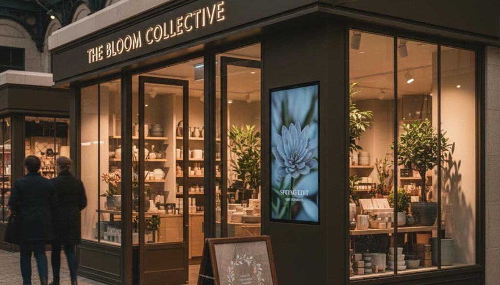 Promotional Graphics That Convert: Design Tips for UK Retailers 4 An elegant retail shop named "The Bloom Collective" is nestled within a sophisticated UK market, identifiable by its glass-paneled roof. The shopfront features attractive "promotional graphics" on a sleek digital display, showcasing a delicate white flower with "SPRING EDIT" text, and a charming A-frame chalkboard sign outside.