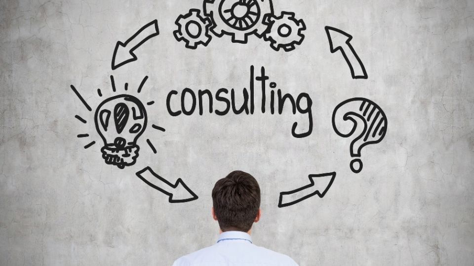 In the image a man can be seen figuring out how consultancy can help in business growth.