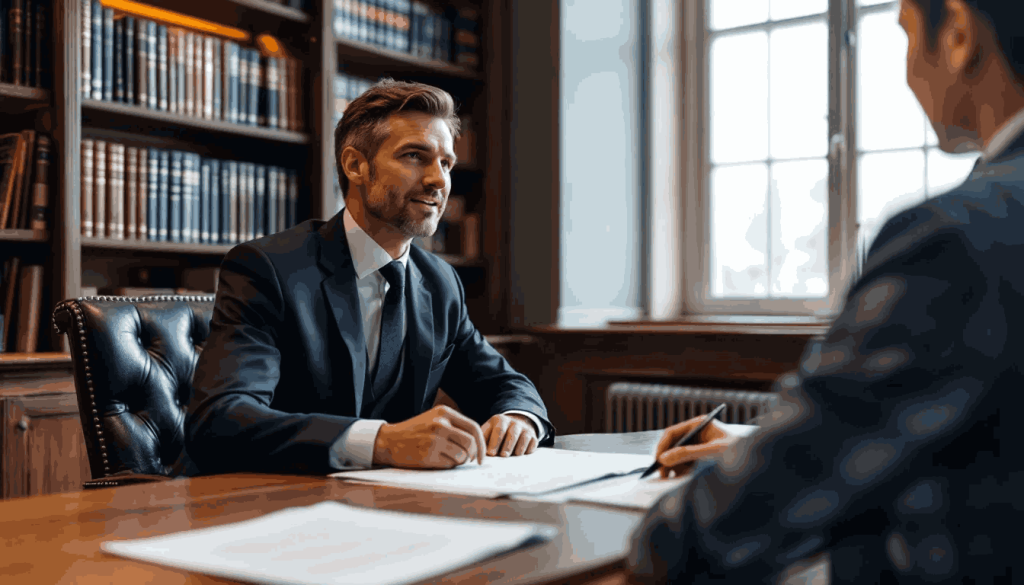 The image depicts a solicitor seated in a lawyer's chamber, providing guidance to a client about VAT audits.