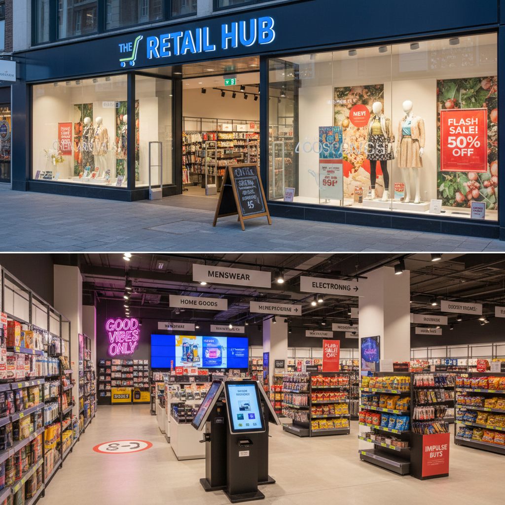 Types of Retail Signage | The Complete Guide for Modern Businesses 1 Images showing outdoor signage of retail Hub and inside hanging signs of multiple sections. Why its matter to choose Right Retail Signage for Your Store