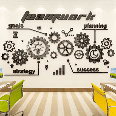 Office wall graphics with 3D teamwork and strategy concept design in a corporate office environment