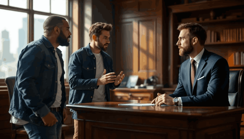 A lawyer, dressed in formal attire, sits at a desk in his chamber, actively mediating a tax dispute between two casually dressed men. The atmosphere reflects a serious yet collaborative effort to resolve the complex tax issues they face, highlighting the importance of effective dispute resolution.
