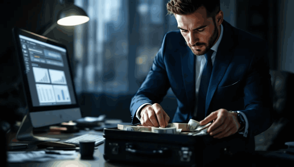 The image depicts a person stealthily taking a stack of cash, symbolizing tax evasion and the illicit act of avoiding tax obligations.