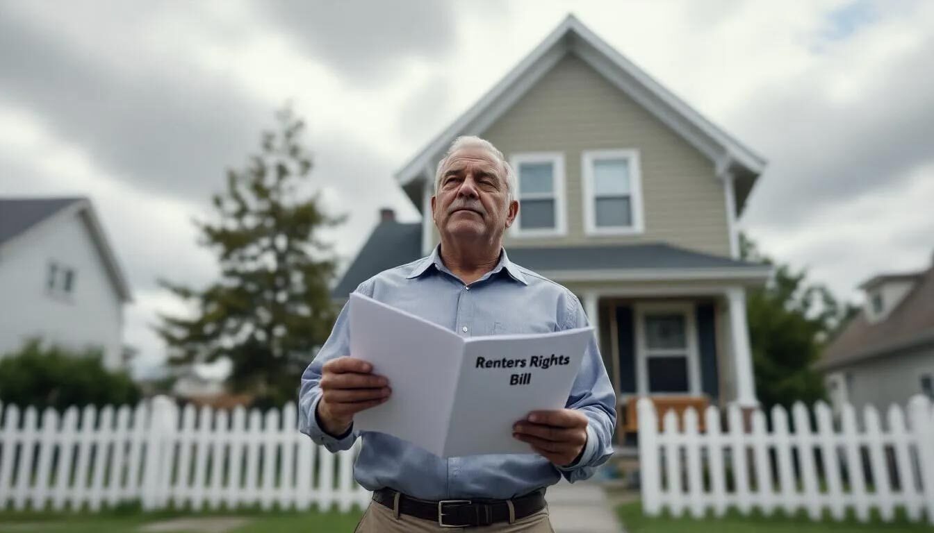 A landlord stands outside his house, intently reading a document about the Renters Rights Bill, which aims to enhance protections for private renters and regulate the private rented sector.
