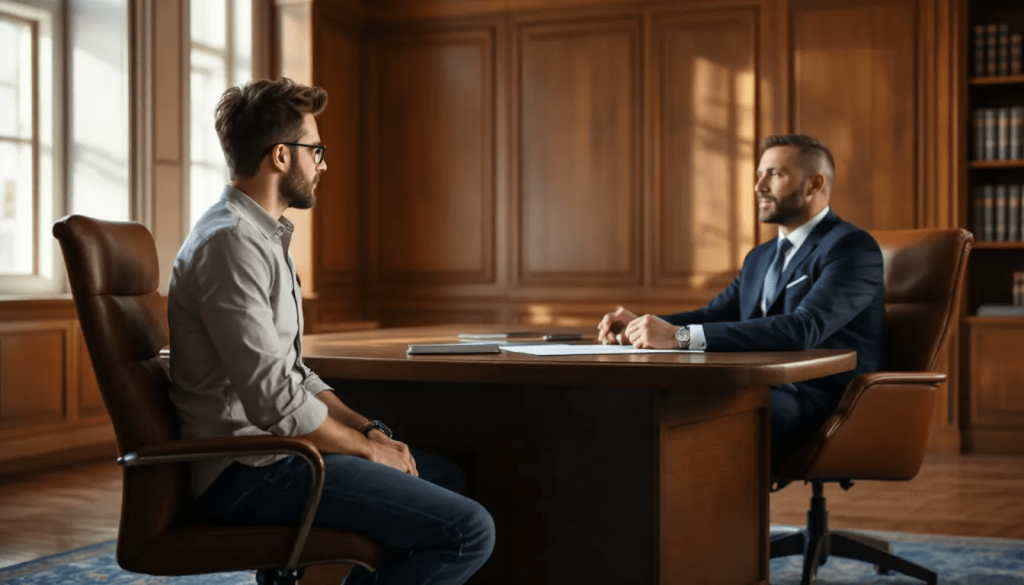 A casually dressed person is seated in a lawyer's chamber, engaged in a discussion about VAT group registration, emphasizing the importance of VAT registration numbers and the responsibilities of group members.