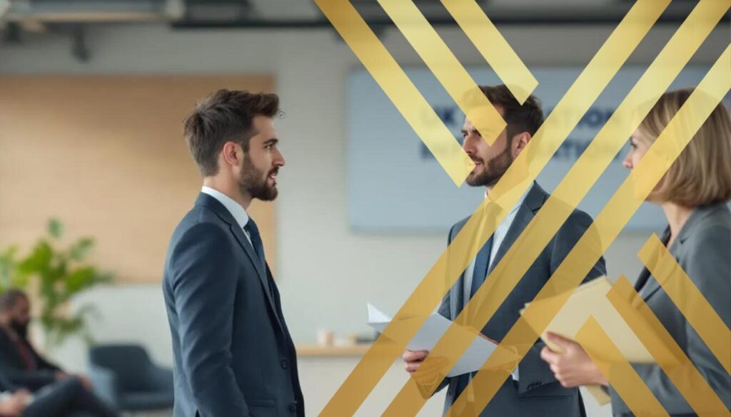 The image depicts an immigrant standing in an immigration office, attentively listening as an office member explains the reasons behind the rising UK immigration costs, including visa fees and the immigration health surcharge. The scene highlights the complexities of the UK's immigration system and the various fees associated with skilled worker visas and applications.